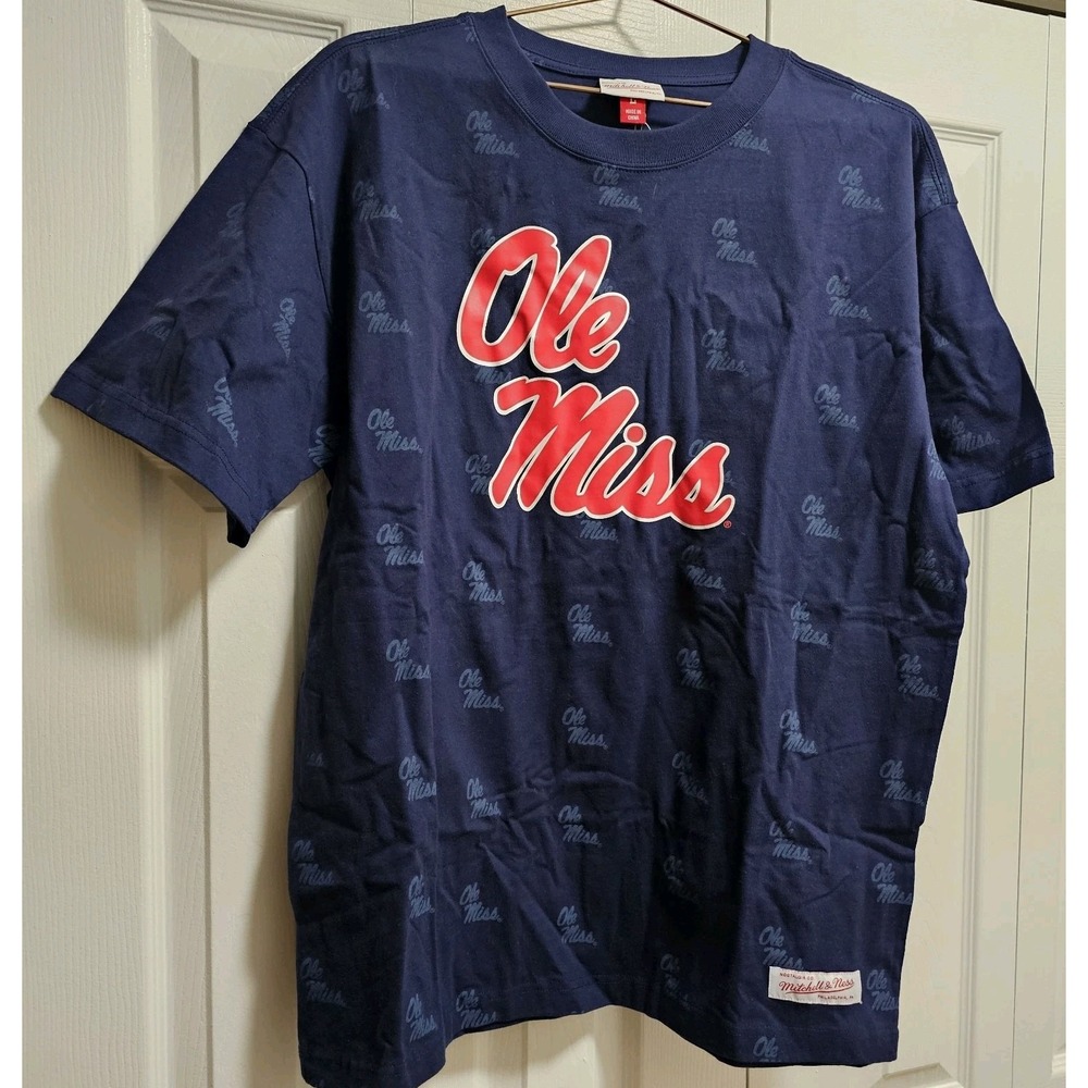 Ole Miss Mitchell & Ness T-Shirt Mens Sz LG Blue NCAA College Football Academia